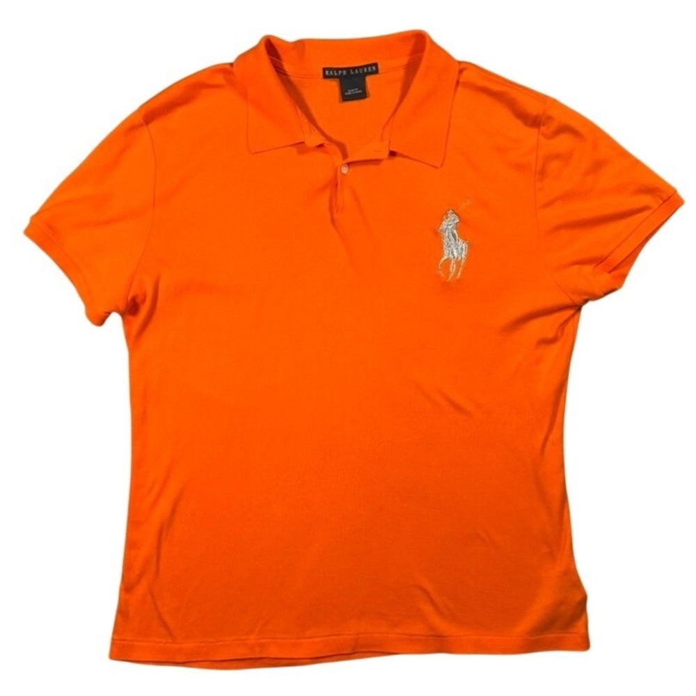 Polo Ralph Lauren Big Pony Polo Shirt Womens Slim Fit Orange‎ Silver Logo Preppy
